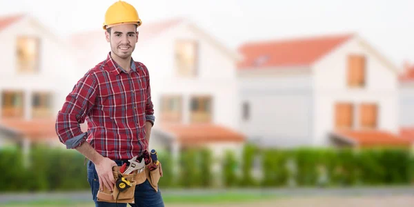 Bauarbeiter Mit Werkzeug Und Gebäuden Oder Häusern — Stockfoto