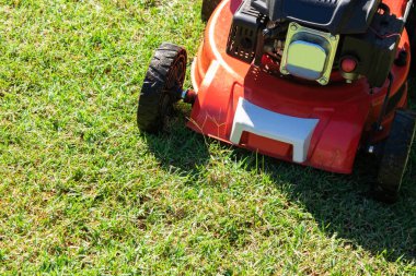 Çimlerin üzerinde fotokopi alanı, tarım ve bahçe makineleri olan çim biçme makinesi