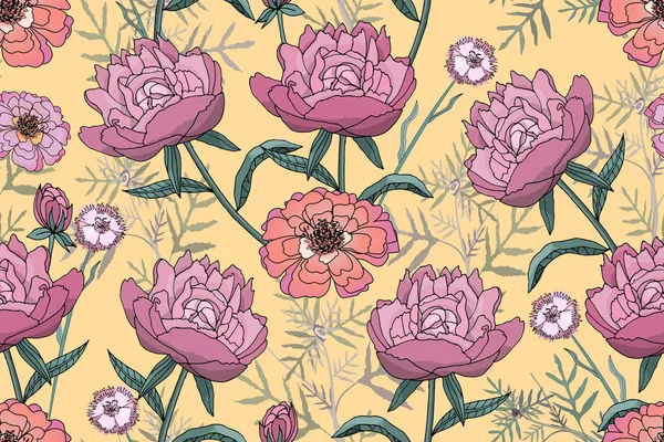 Vecteur floral motif sans couture avec pivoines et tagètes . — Image vectorielle