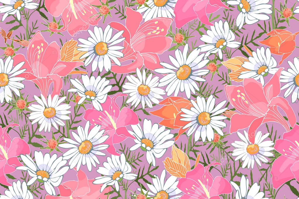 Art floral vector seamless pattern. Garden flowers isolated on pale violet background.