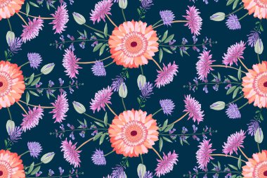 Vektör çiçek dikişsiz desen. Renkli sonbahar asters, adaçayı, altın-papatya, krizantem, zinnia.