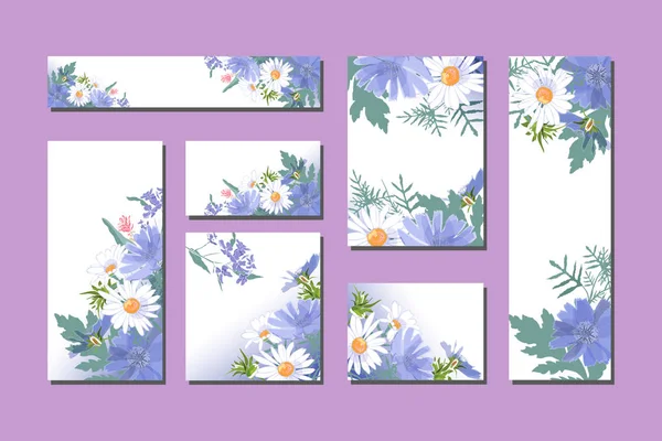 Plantillas florales con flores azules y blancas . — Vector de stock