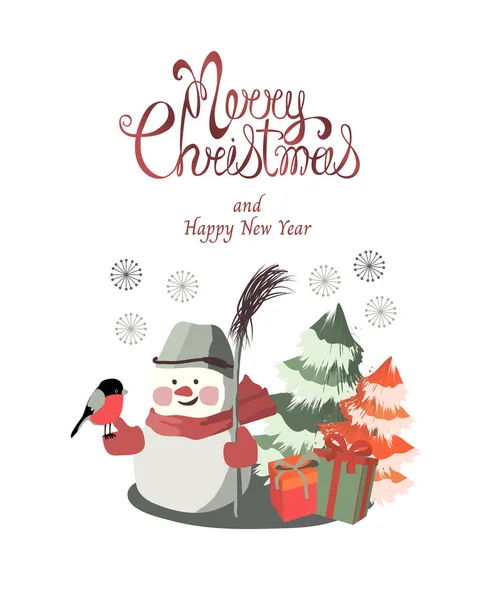 Christmas New Year Card Cute Little Snowman Bullfinch Broom Christmas — Stock Vector