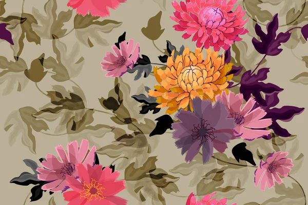 Arte floral vector patrón sin costura. Flores de otoño — Vector de stock