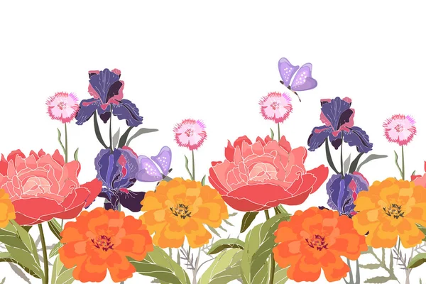 Motif Floral Vectoriel Sans Couture Bordure Pivoines Iris Œillets Soucis — Image vectorielle