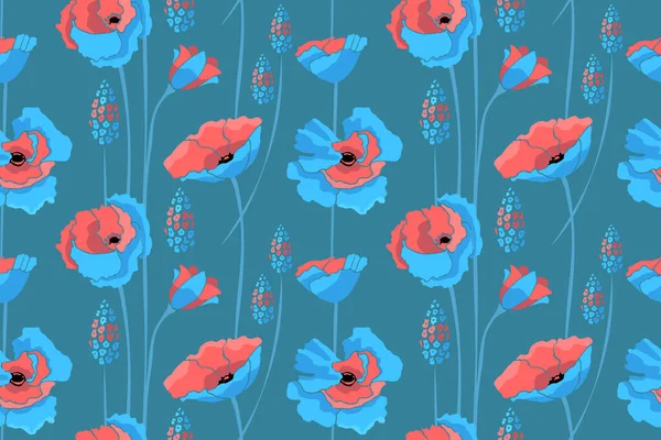 Bart vecteur floral motif sans couture. Bleu, fleurs de couleur corail. — Image vectorielle