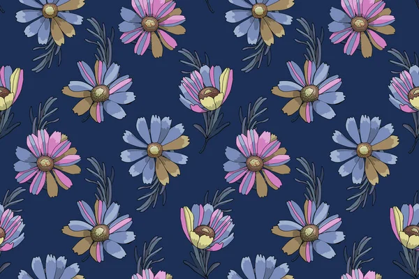 Patrón sin costura floral vectorial. Flores rosas y azules , — Archivo Imágenes Vectoriales