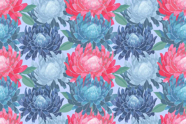 Art floral vector naadloos patroon. Roze, blauwe asters, chrysanten. — Stockvector