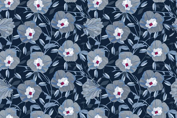 Floral vector seamless pattern. Grey, blue morning glory flowers, branches and leaves. — Stock Vector