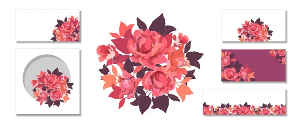 Conjunto de flores vectoriales. Rosa, rojo, rosas de color coral, chocolate, hojas naranjas. — Vector de stock