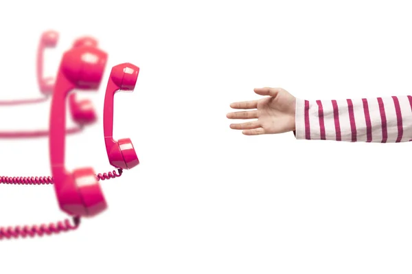 Hand Zum Rosafarbenen Telefon Dringender Anruf Wartet Rosafarbener Telefonhörer Pop — Stockfoto