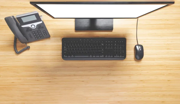 Veta Superior Escritorio Con Teclado Ratón Teléfono Escritorio Madera —  Fotos de Stock