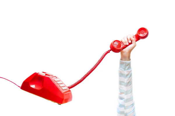 Mão Segurando Telefone Braço Vestindo Suéter Receptor Telefone Vermelho Clássico — Fotografia de Stock