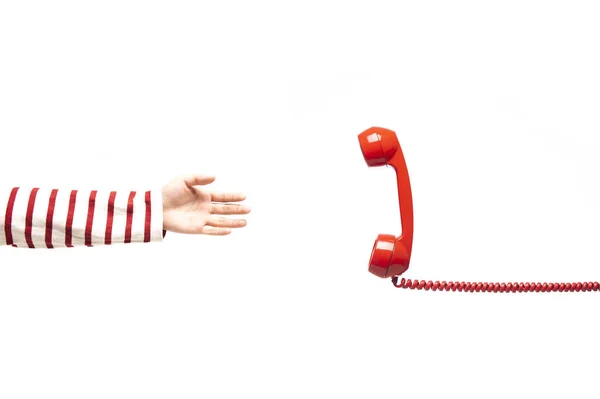 Hand Reaching Red Telephone Phone Calling Isolated White Background Handset — Stock Photo, Image