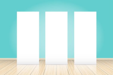 Afiş afiş kadar koyu mavi duvar, sahte görüntülemek üç boş topla. Vektör çizim