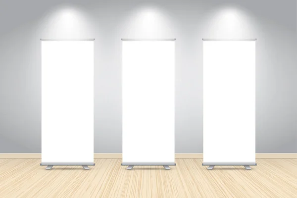 Three blank roll up banner posters display in dark blue wall, Mock up. Vector illustration