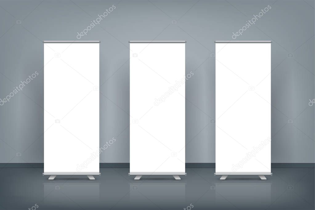 Three blank roll up banner posters display in dark blue wall, Mock up. Vector illustration