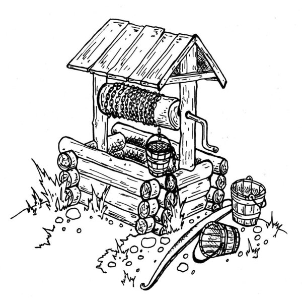 Пейзаж старого деревянного колодца и ведра