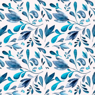 Beyaz arkaplanda mavi tonda çiçeklerin kusursuz suluboya deseni. 