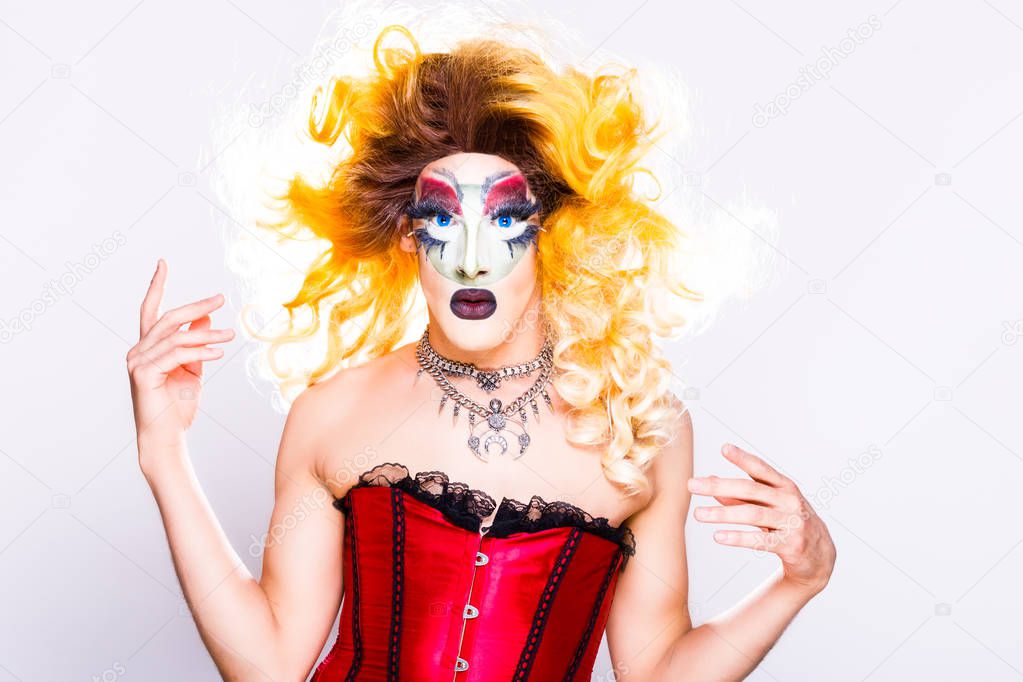 cool drag queen with spectacular makeup, glamorous stylish look, posing with   proud and  style for lgtb equality gay rights