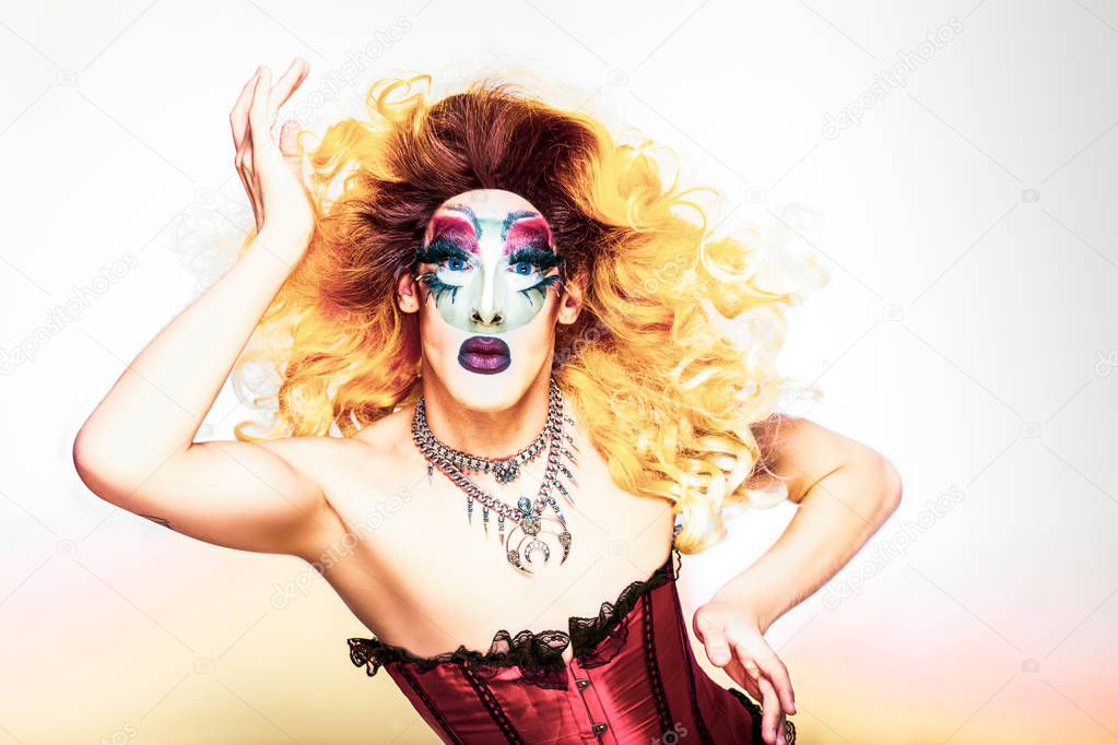 cool drag queen with spectacular makeup, glamorous stylish look, posing with   proud and  style for lgtb equality gay rights