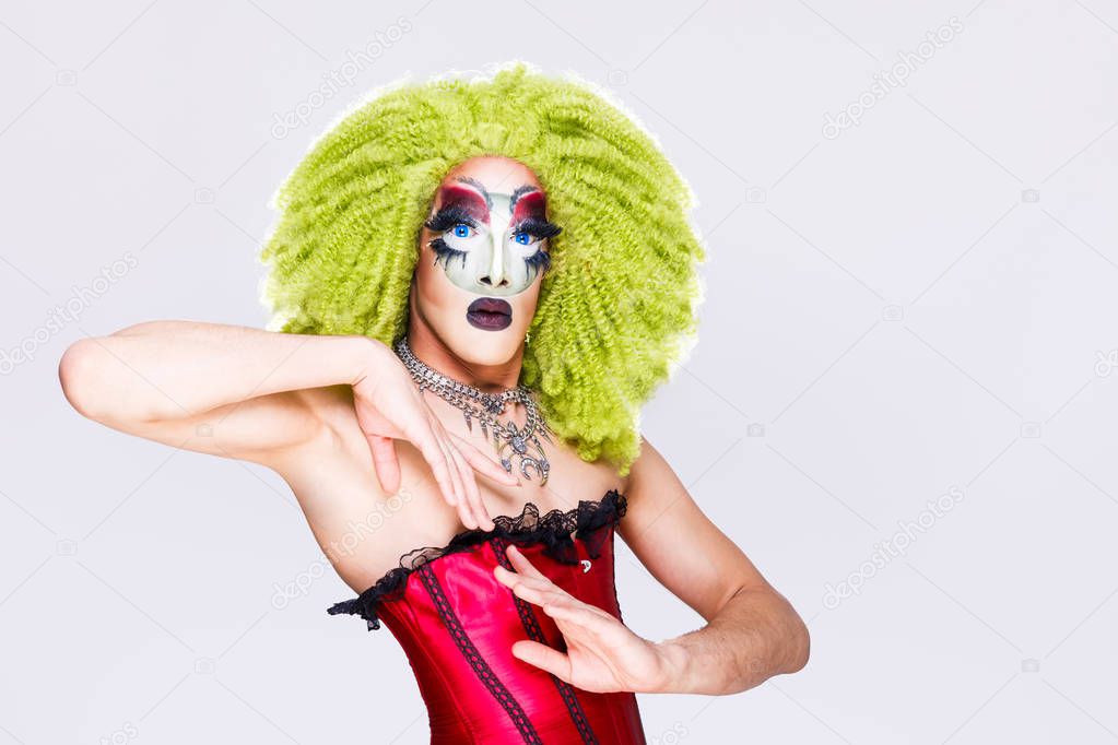 cool drag queen with spectacular makeup, glamorous stylish look, posing with   proud and  style for lgtb equality gay rights