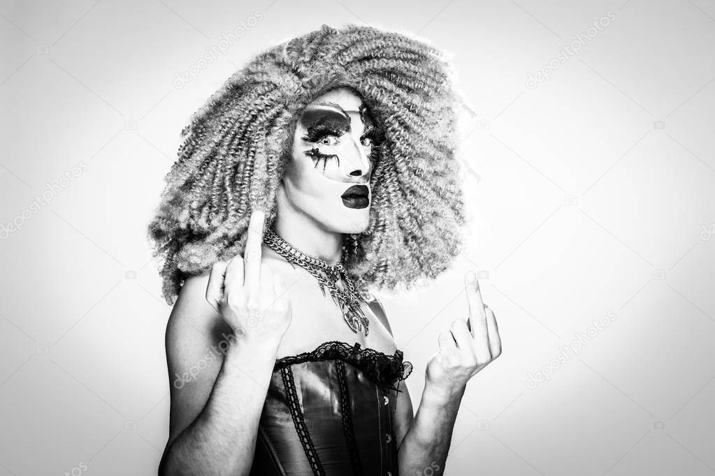 cool drag queen with spectacular makeup, glamorous stylish look, posing with   proud and  style for lgtb equality gay rights