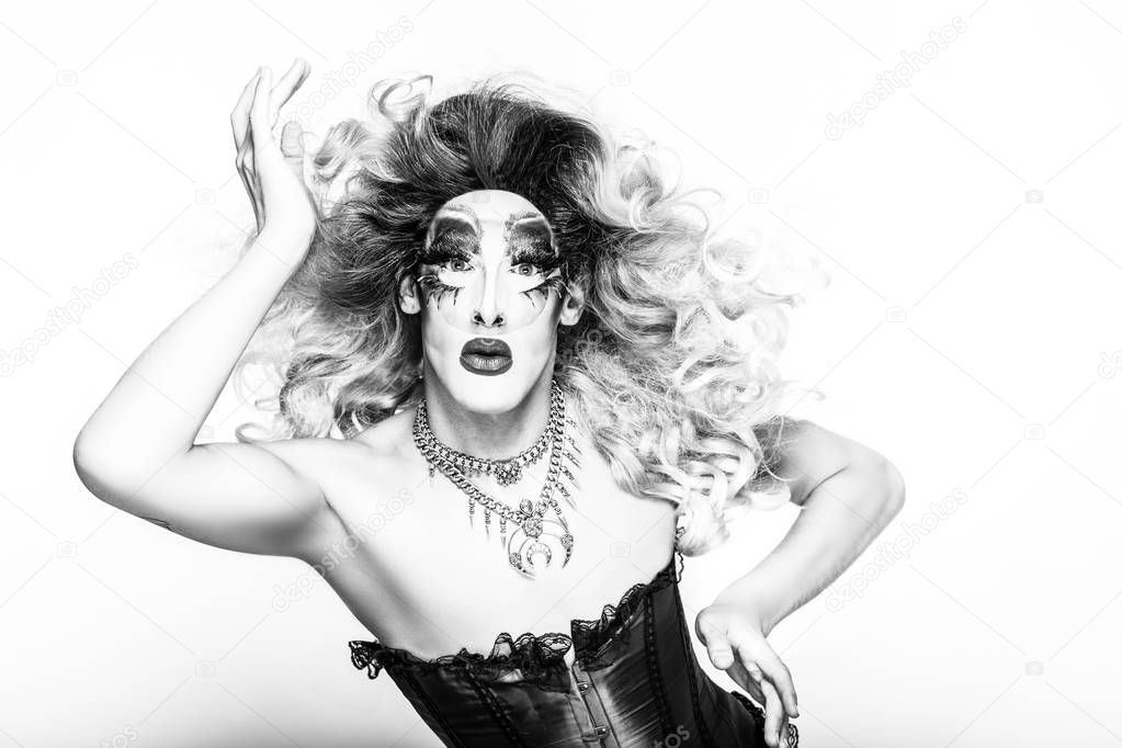 cool drag queen with spectacular makeup, glamorous stylish look, posing with   proud and  style for lgtb equality gay rights