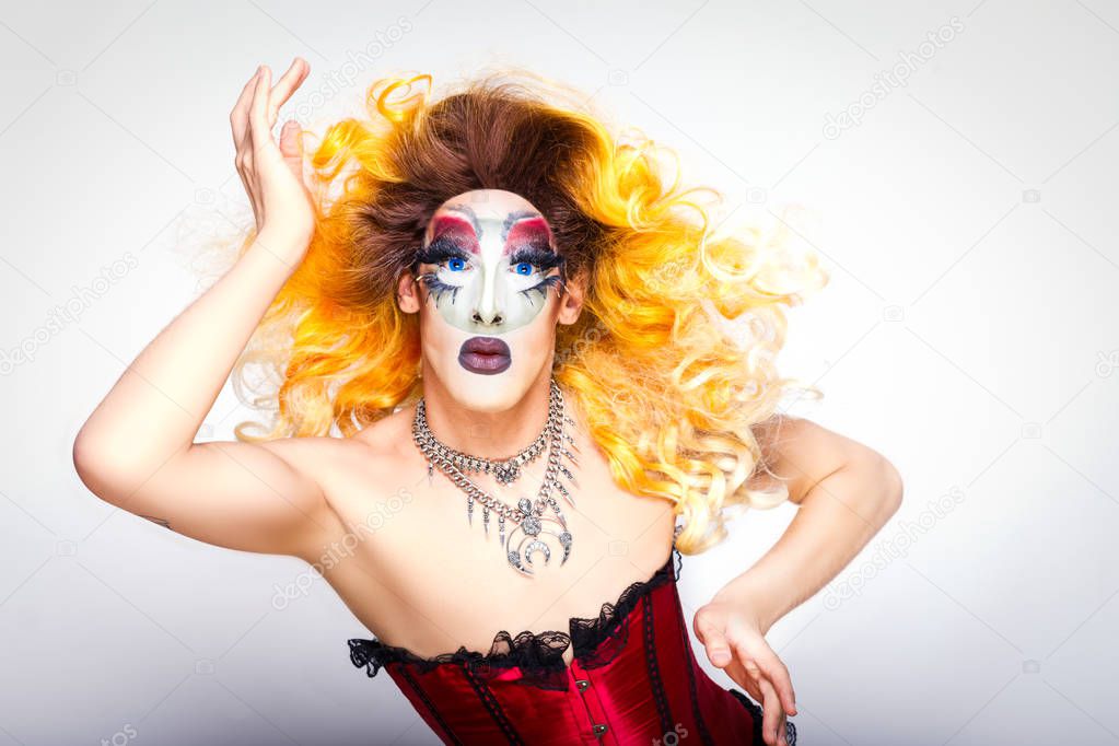 cool drag queen with spectacular makeup, glamorous stylish look, posing with   proud and  style for lgtb equality gay rights