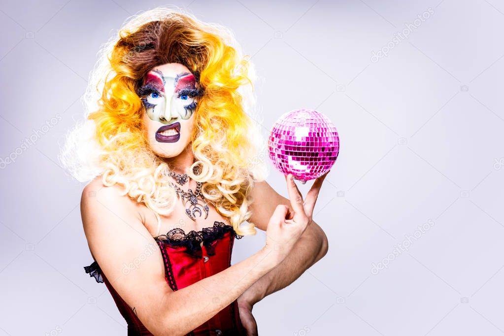 cool drag queen with spectacular makeup, glamorous stylish look, posing with   proud and  style for lgtb equality gay rights