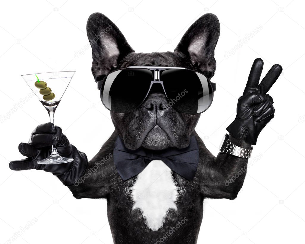 french bulldog dog with martini cocktail and victory or peace fingers wearing a retro wrist watch