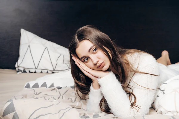 Sweet Sleepy Girl White Pajamas Lies Bed Wants Sleep Tired — Stock Photo, Image