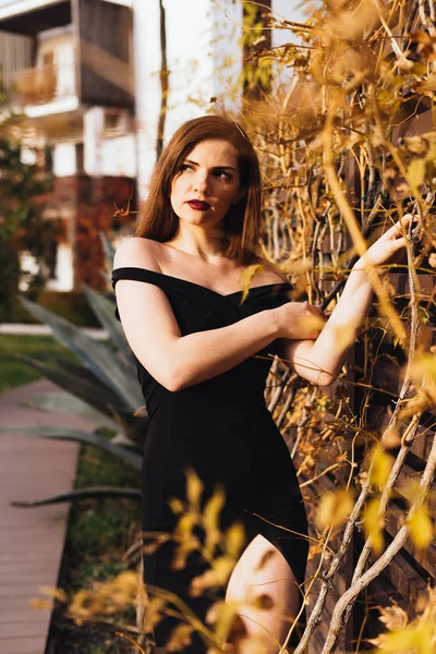 Lyxiga attraktiv kvinna med långt hår och i en svart klänning som poserar i hennes trädgård i kvällssolen strålar — Stockfoto