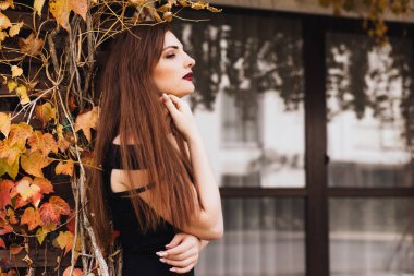 duvara, onun bahçesinde poz siyah elbiseli bir lüks uzun saçlı kız dinlenme zevk