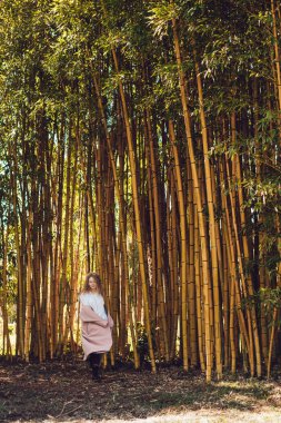 yanındaki uzun boylu bambu ağaçları poz Park'ta yürüyordunuz pembe bir ceket şık şık kadın