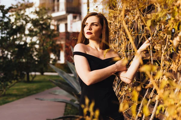 Luxus vonzó nő fekete ruhában pózol a kert, az esti nap — Stock Fotó