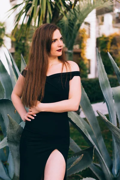 uzun siyah elbiseli çekici uzun saçlı kadın onun bahçede dinlenme ve poz