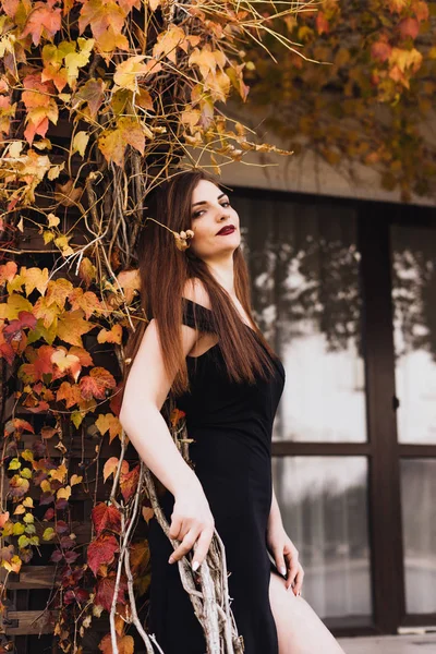 Luxurious long-haired girl in a black dress posing against the wall in her garden, smiling and resting — Stock Photo, Image