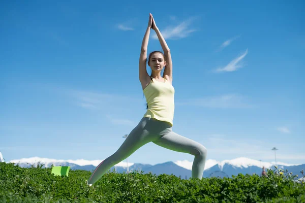 Štíhlá mladá dívka je praktikování jógy na zelené trávě na slunci, relaxační a těší zbytek — Stock fotografie