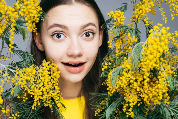 Surpris jeune fille posant et regardant la caméra à côté d'un mimosa jaune parfumé — Photo