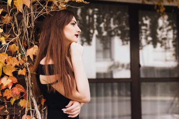 Atraktivní dlouhé vlasy dívka v krásné černé šaty vystupují proti zdi v její zahradě, užívat si odpočinku — Stock fotografie