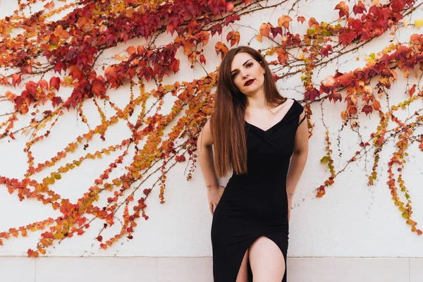 Smal sexig ung kvinna med långt hår och i svart klänning poserar mot vägg bakgrund — Stockfoto