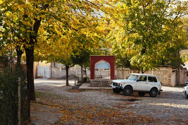 Az udvaron az őszi táj és lehullott levelek, a fehér autó — Stock Fotó