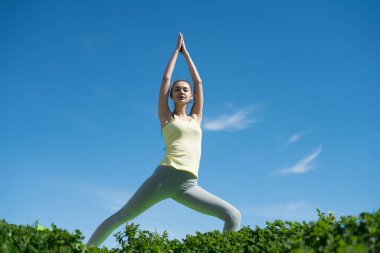 parkta yeşil çimlerde yoga yapan ince huzurlu kız sağlıklı bir yaşam tarzı yol açar