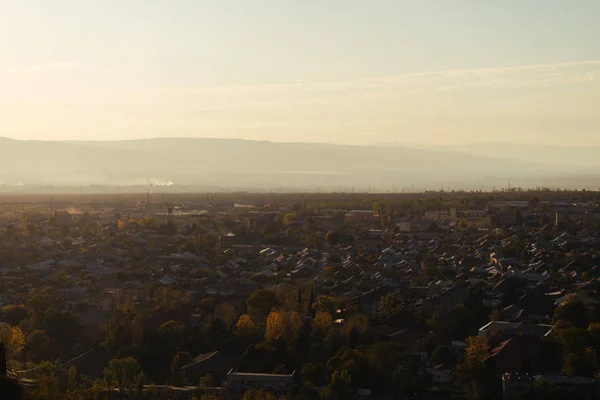 Vista Dall Alto Sulla Città Molte Case Alberi Verdi Sotto — Foto Stock