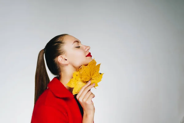 Una mujer sobre un fondo blanco sosteniendo un ramo de hojas amarillas en sus manos, mira a un lado. Otoño — Foto de Stock