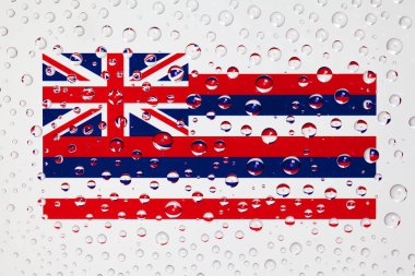 Amerikan devlet Hawaii bayrağı bir cam arkasında yağmur damlaları ile kaplı. Vatansever gün, anıt hafta sonu, Gaziler günü, Cumhurbaşkanlığı günü, bağımsızlık günü arka plan.