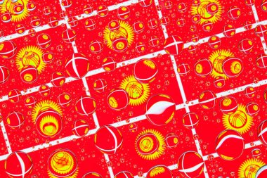 Kırgızistan bayrakları, yağmur damlalarıyla kaplı bir camın arkasında. Kırgızistan bayraklarının deseni. Üç boyutlu illüstrasyon. Tarihi bayrak