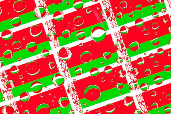 Flags  of Belarus, behind a glass covered with rain drops.Pattern from Belarus flags. 3D illustration