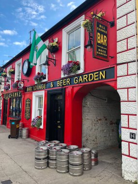 Adare, İrlanda - 13 Temmuz, 2018: Adare otelleri tipik sokak. Adare Limerick County, İrlanda için küçük bir köydür, Adare Manor girişine yakın thatched evler mimari formlar içerir.